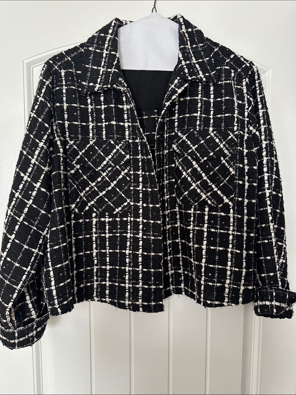 Express Black and White Plaid Bouclé Blazer Jacket
